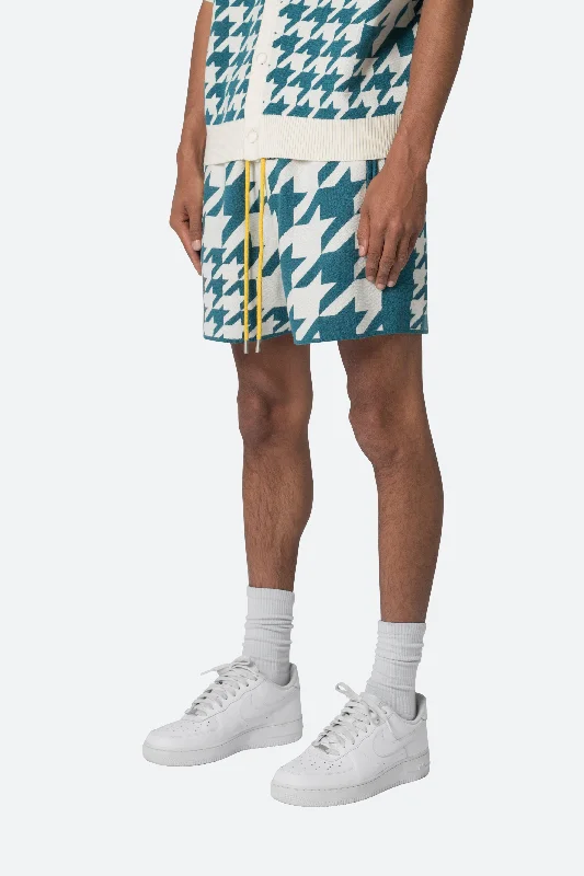 Houndstooth Knit Shorts - Teal