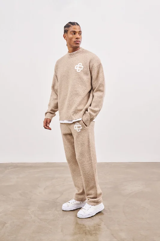 FLUFFY KNIT EMBLEM JOGGERS - BEIGE