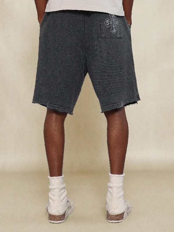 Washed Raw Edge Knit Jort With Lighting Embroidery