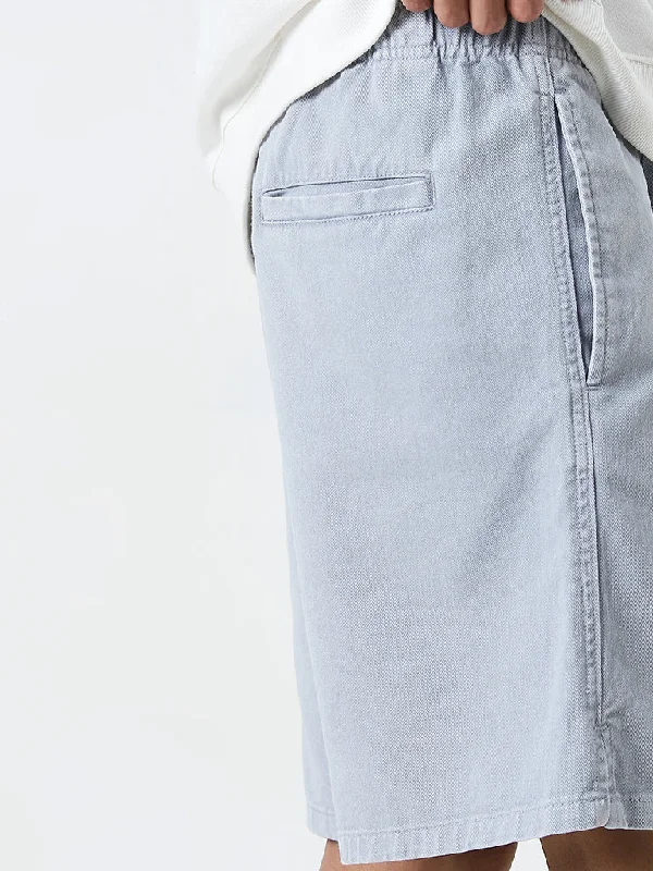 Nuon Light Blue Relaxed Fit Mid-Rise Cotton Shorts