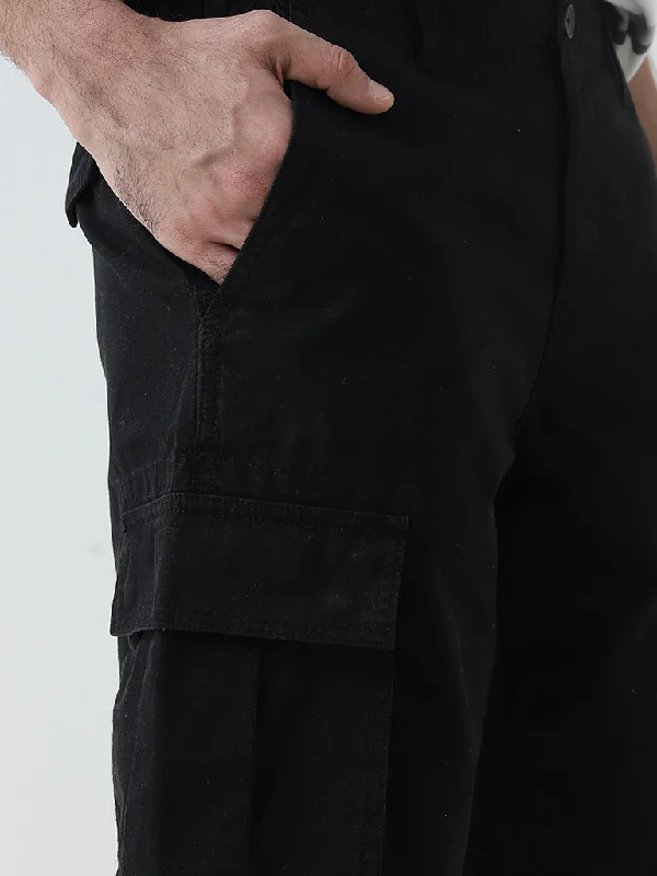 WES Casuals Black Relaxed-Fit Mid-Rise Cotton Shorts