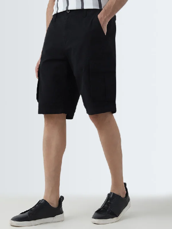 WES Casuals Black Relaxed-Fit Mid-Rise Cotton Shorts