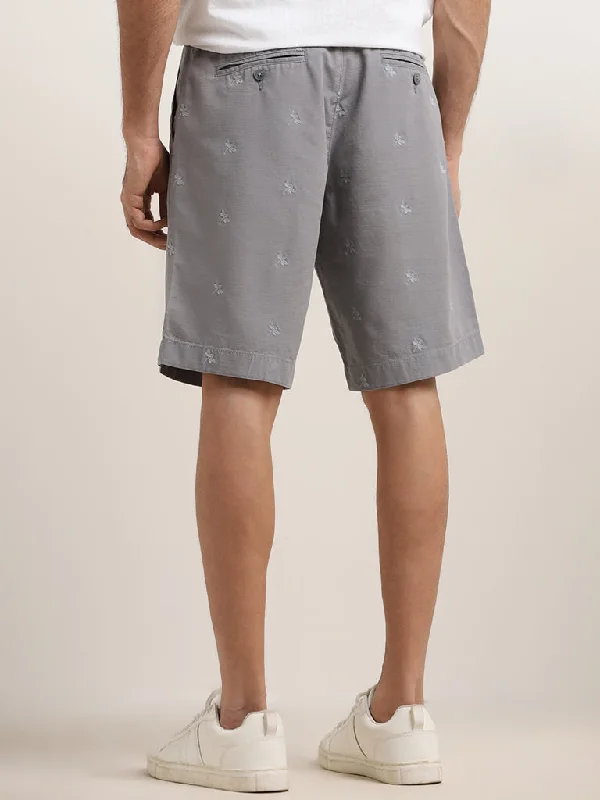 WES Casuals Grey Relaxed-Fit Mid-Rise Cotton Shorts