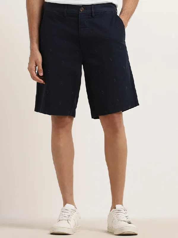 WES Casuals Navy Relaxed-Fit Mid-Rise Cotton Shorts