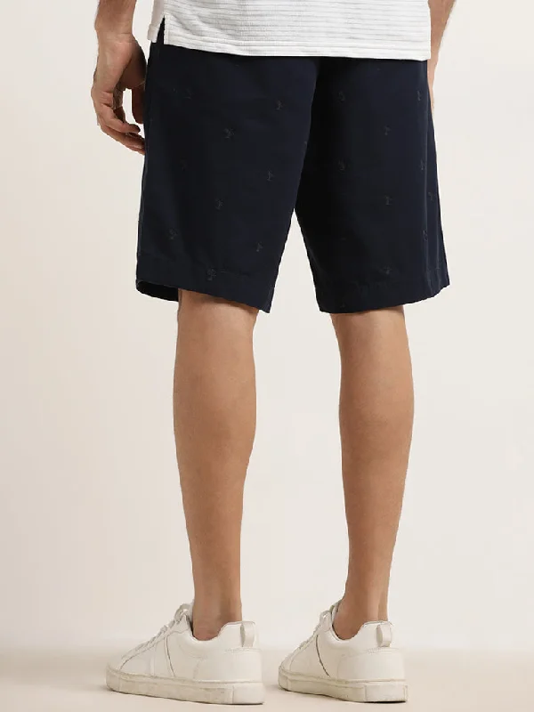 WES Casuals Navy Relaxed-Fit Mid-Rise Cotton Shorts