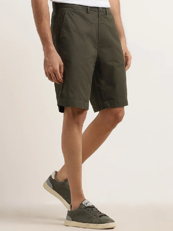 WES Casuals Olive Relaxed-Fit Mid-Rise Cotton Shorts