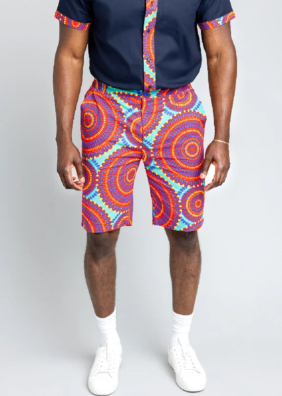 Debare Men's African Print Shorts (Turquoise Red Circles)