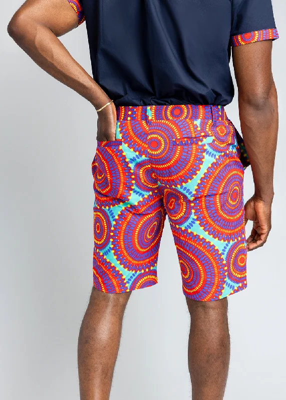 Debare Men's African Print Shorts (Turquoise Red Circles)