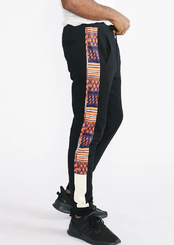 Faraji Men's African Print Color-Blocked Joggers (Black/Orange Navy Kente) - Clearance