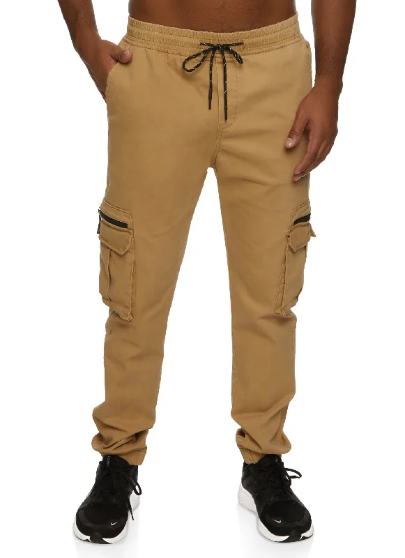 Mens Twill Solid Drawstring Cargo Pocket Joggers