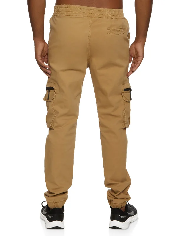 Mens Twill Solid Drawstring Cargo Pocket Joggers