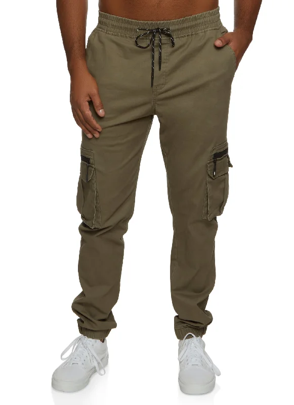 Mens Twill Solid Drawstring Cargo Pocket Joggers