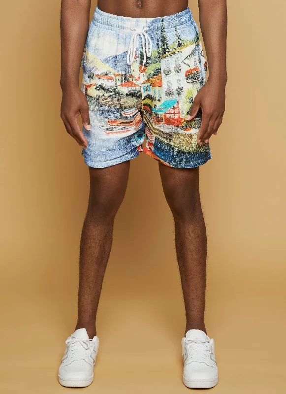 Mens Textured Knit Vacation Print Shorts